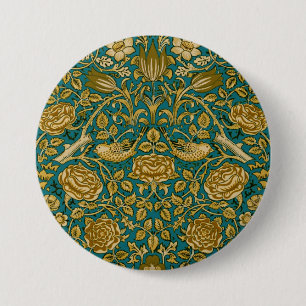 Macaron Rond 7,6 Cm William Morris Motif Rose Tudor Bleu Doré