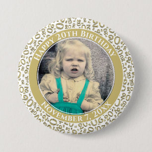 Macaron Rond 7,6 Cm Your Photo 20th Birthday Random Number Gold