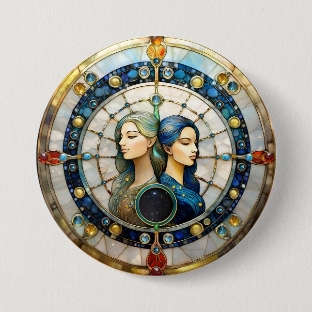 Macaron Rond 7,6 Cm Zodiac - Gemini Les Jumeaux (Devant)