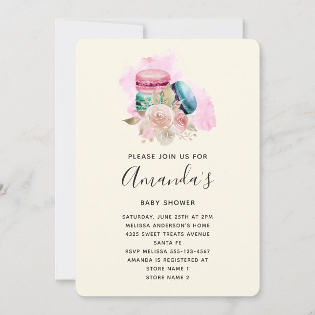 Macarons and Flowers Watercolor Baby SHower Invitation (Front)