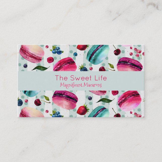 Macarons French Pastry With Berries And Polka Dots Business Card (Front)