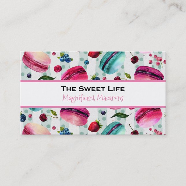 Macarons French Pastry With Berries And Polka Dots Business Card (Front)