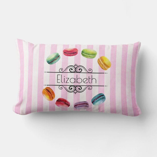 Macarons In A Circle On Pink Stripes Custom Lumbar Pillow (Front)