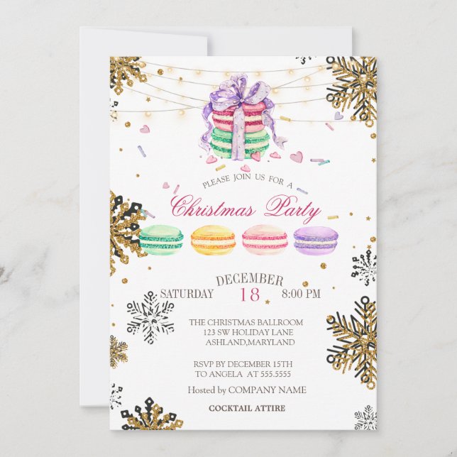 Macarons,String Light Snowflake Christmas Company Invitation (Front)
