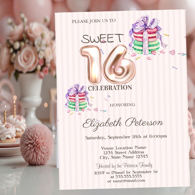 Macarons Stripes Rose Gold Sweet 16 Invitation (Creator Uploaded)