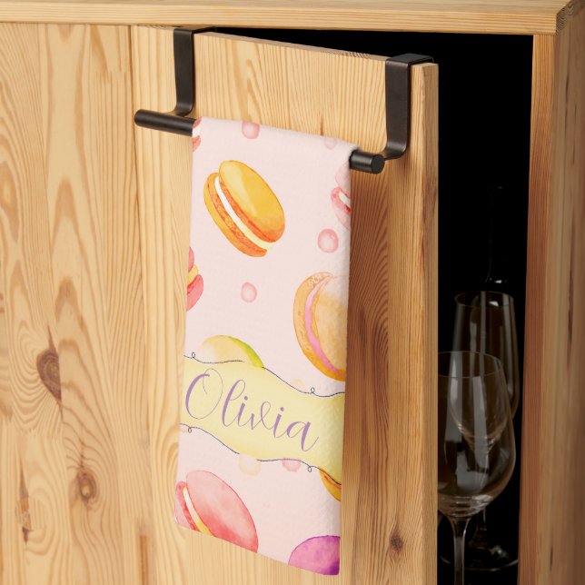 Macarons Watercolor Pattern Personalized Kitchen Towel (Thirds Fold)