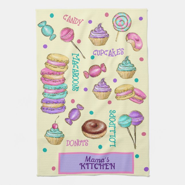 Macaroons Cupcakes Lollipops and Doughnuts Kitchen Towel (Vertical)