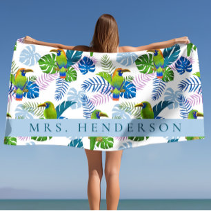 Macau and Palm Leaves Tropical Personalized  Beach Towel