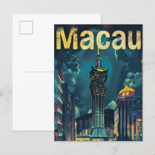 Macau City China Vintage Retro Travel Illustration Postcard