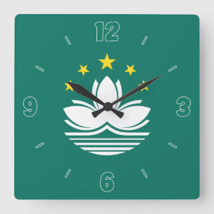Macau Flag Green Yellow White Numbers Patriotic Square Wall Clock