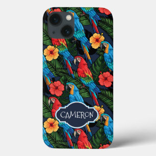 Macaw And Hibiscus Pattern Add Your Name iPhone 13 Case