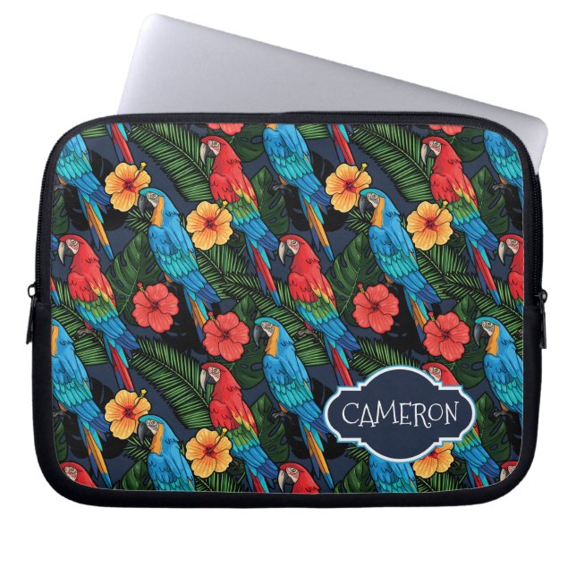 Macaw And Hibiscus Pattern | Add Your Name Laptop Sleeve (Front)