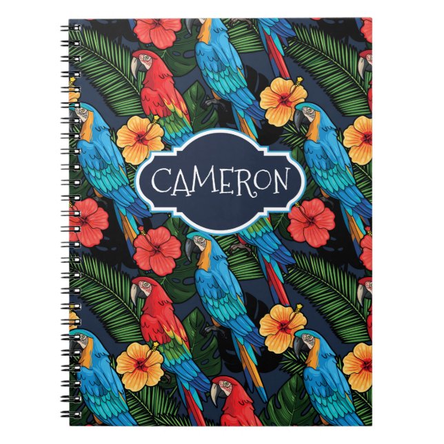 Macaw And Hibiscus Pattern | Add Your Name Notebook (Front)