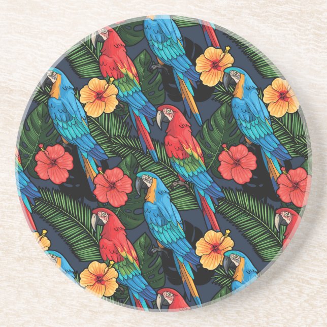Macaw And Hibiscus Pattern Coaster (Front)