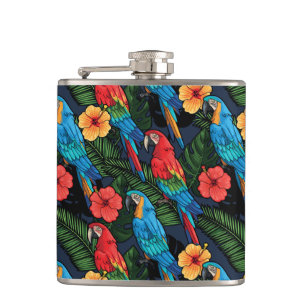 Macaw And Hibiscus Pattern Hip Flask