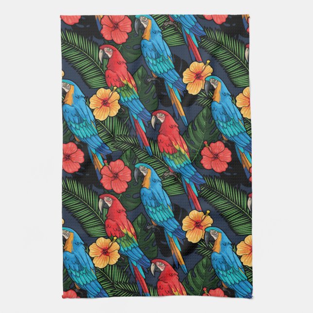 Macaw And Hibiscus Pattern Kitchen Towel (Vertical)