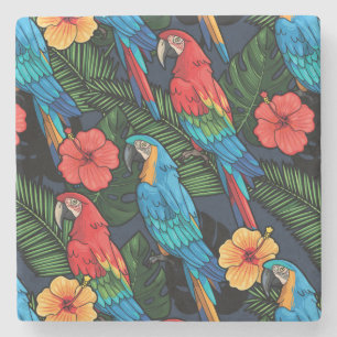 Macaw And Hibiscus Pattern Stone Coaster