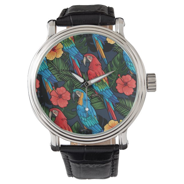 Macaw And Hibiscus Pattern Watch (Front)