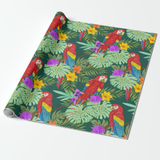 Macaw and tropical plant with flowers seamless pat wrapping paper