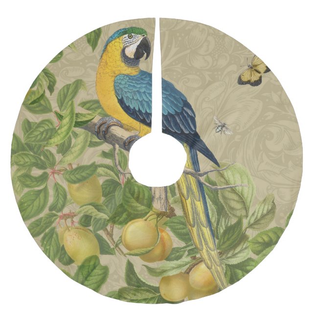 Macaw Blue Yellow Tropical Jungle Antique Brushed Polyester Tree Skirt (Front)
