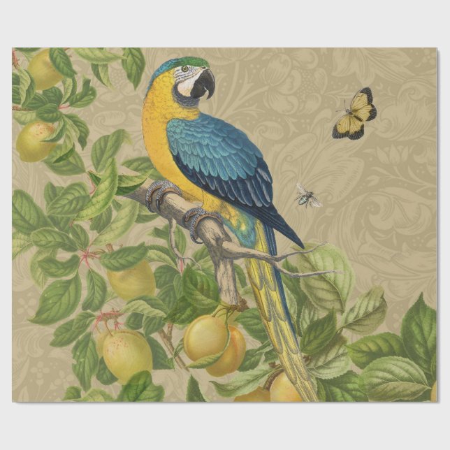 Macaw Blue Yellow Tropical Jungle Antique Wrapping Paper (Flat)