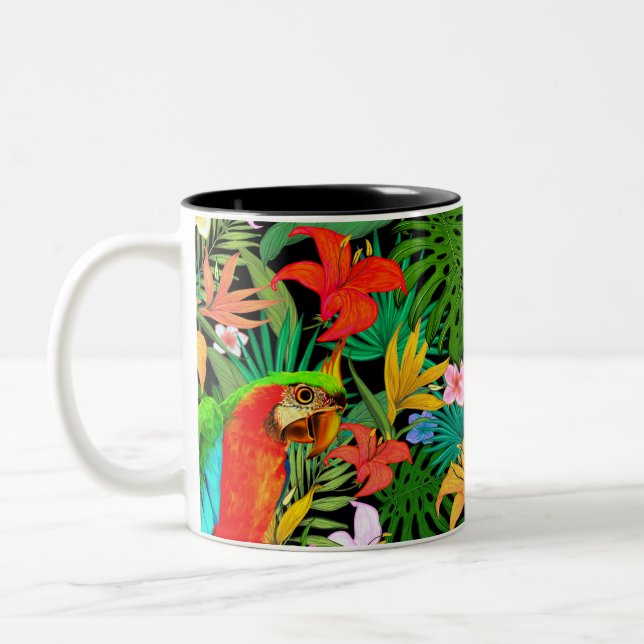 Macaw, Multicolored Flowers & Palm Leaves  Two-Tone Coffee Mug (Left)