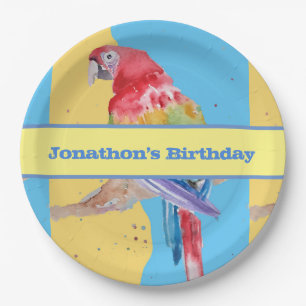 Macaw Parrot Colourful Boys Childs Birthday Blue Paper Plate