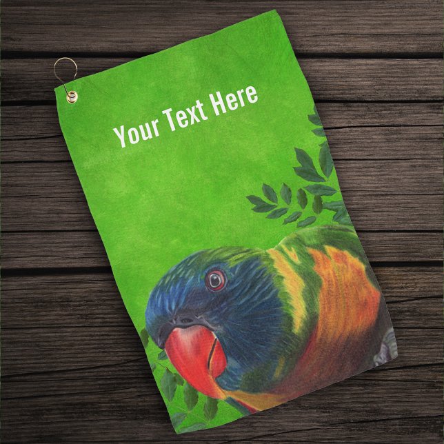Macaw Parrot Colourful Feathers Plants Green Golf Towel (Brightly coloured Macaw parrot blue, orange yellow green feathers leafy plants on green golf towel.)