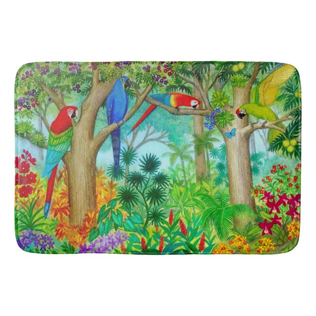 Macaw Parrot Jungle Art Bath Mat (Front)