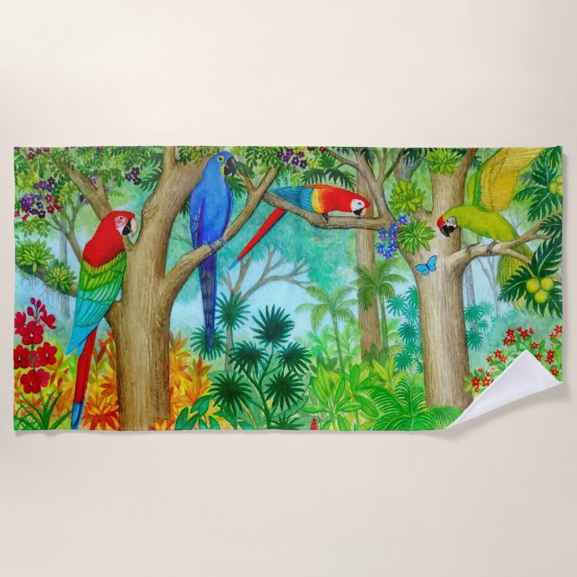 Macaw Parrot Jungle Beach Towel (Front)