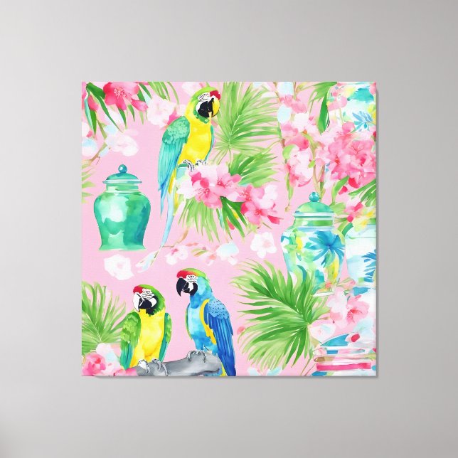 Macaw parrots and chinoiserie jars on soft pink  canvas print (Front)