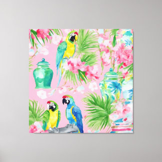 Macaw parrots and chinoiserie jars on soft pink canvas print