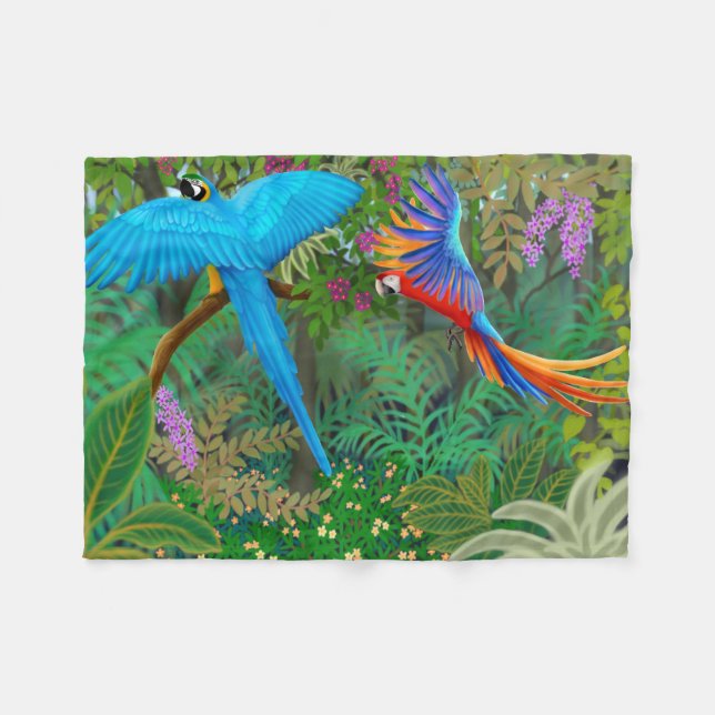 Macaw Parrots in Jungle Fleece Blanket (Front (Horizontal))