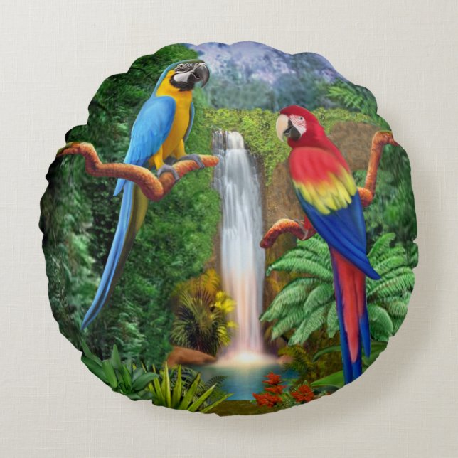Macaw Tropical Parrots Round Pillow (Front)