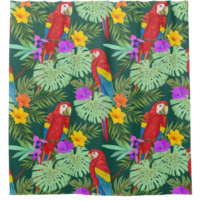 Macaw, tropical plants: seamless pattern. (Front)