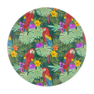 Macaw, tropical plants: seamless pattern. cutting board