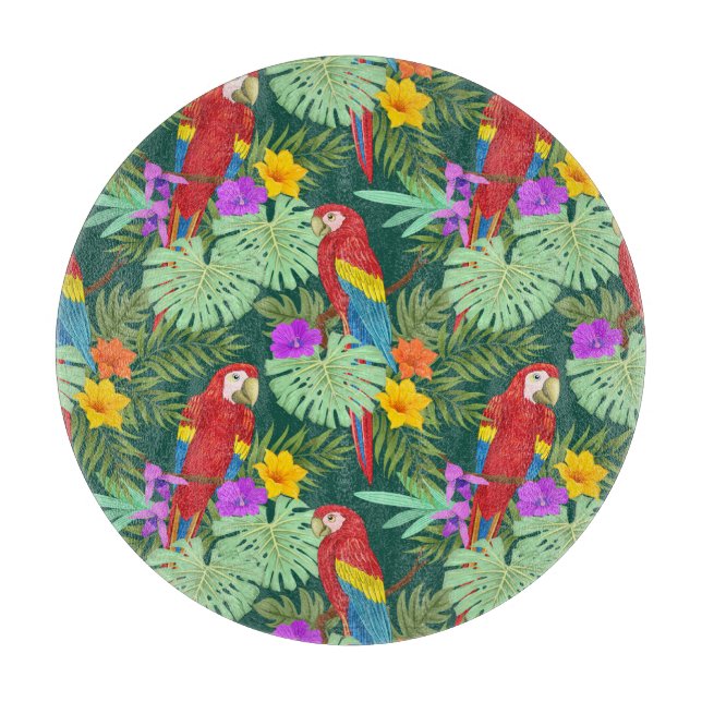 Macaw, tropical plants: seamless pattern. cutting board (Front)