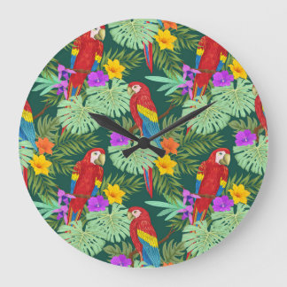 Macaw, tropical plants: seamless pattern. large clock