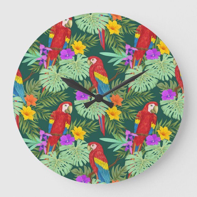 Macaw, tropical plants: seamless pattern. large clock (Front)