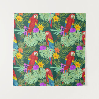 Macaw, tropical plants: seamless pattern. tapestry