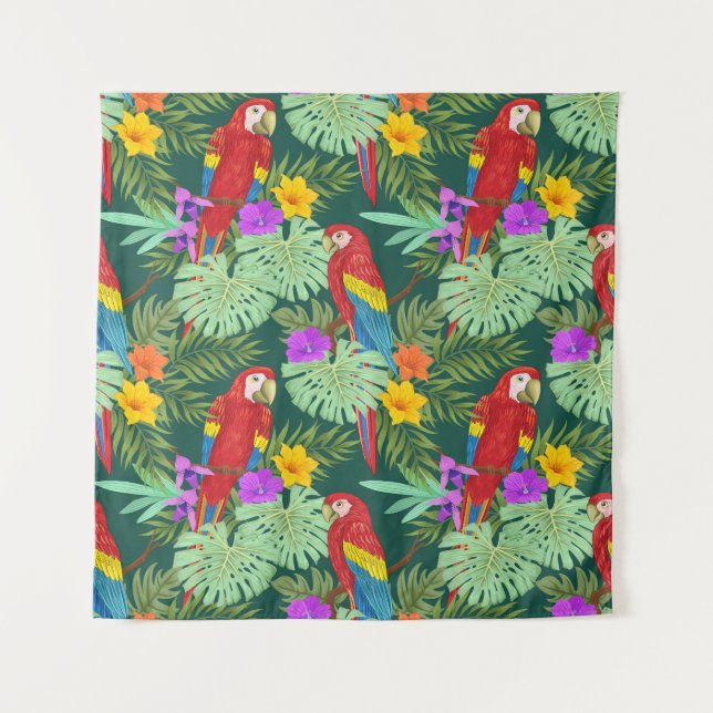 Macaw, tropical plants: seamless pattern. tapestry (Front)