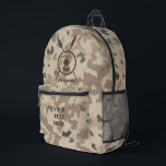 Maccabee Shield And Spears - Desert  Printed Backpack<br><div class="desc">A military brown "subdued" style depiction of a Maccabee's shield and two spears on a desert camo background. The shield is adorned by a lion and text reading "Yisrael" (Israel) in the Paleo-Hebrew alphabet. Modern Hebrew text reading "Maccabee" also appears. Customize by adding your own additional text on the reverse...</div>