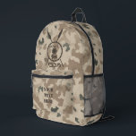 Maccabee Shield And Spears - Desert  Printed Backpack<br><div class="desc">A military brown "subdued" style depiction of a Maccabee's shield and two spears on a desert camo background. The shield is adorned by a lion and text reading "Yisrael" (Israel) in the Paleo-Hebrew alphabet. Hebrew text reading "Maccabee" also appears. Customize by adding your own additional text. The Maccabees were Jewish...</div>