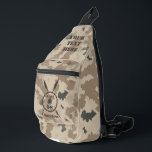Maccabee Shield And Spears - Desert  Sling Bag<br><div class="desc">A military brown "subdued" style depiction of a Maccabee's shield and two spears on a desert camo background. The shield is adorned by a lion and text reading "Yisrael" (Israel) in the Paleo-Hebrew alphabet. Modern Hebrew text reading "Maccabee" also appears. Customize by adding your own additional text. The Maccabees were...</div>