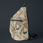 Maccabee Shield And Spears - Desert  Sling Bag<br><div class="desc">A military brown "subdued" style depiction of a Maccabee's shield and two spears on a desert camo background. The shield is adorned by a lion and text reading "Yisrael" (Israel) in the Paleo-Hebrew alphabet. Hebrew text reading "Maccabee" also appears. Customize by adding your own additional text. The Maccabees were Jewish...</div>