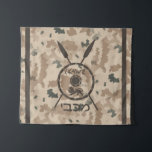 Maccabee Shield And Spears - Desert Tapestry<br><div class="desc">A military brown "subdued" style depiction of a Maccabee's shield and two spears on a desert camo background. The shield is adorned by a lion and text reading "Yisrael" (Israel) in the Paleo-Hebrew alphabet. Modern Hebrew text reading "Maccabee" also appears. The Maccabees were Jewish rebels who freed Judea from the...</div>