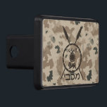 Maccabee Shield And Spears - Desert Trailer Hitch Cover<br><div class="desc">A military brown "subdued" style depiction of a Maccabee's shield and two spears on a desert camo background. The shield is adorned by a lion and text reading "Yisrael" (Israel) in the Paleo-Hebrew alphabet. Modern Hebrew text reading "Maccabee" also appears. The Maccabees were Jewish rebels who freed Judea from the...</div>