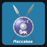 Maccabee Shield And Spears Square Sticker<br><div class="desc">Chag Sameach! A depiction of a Maccabee's shield and two spears. The shield is adorned by a lion and text reading "Yisrael" (Israel) in the Paleo-Hebrew alphabet. English text reading, "Maccabee" also appears. The Maccabees were Jewish rebels who freed Judea from the yoke of the Seleucid Empire. Chanukkah is not...</div>