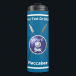 Maccabee Shield And Spears Thermal Tumbler<br><div class="desc">A depiction of a Maccabee's shield and two spears. The shield is adorned by a lion and text reading "Yisrael" (Israel) in the Paleo-Hebrew alphabet. English text reading, "Maccabee" also appears. You may also add your own additional text. The Maccabees were Jewish rebels who freed Judea from the yoke of...</div>