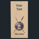 Maccabee Shield And Spears Wood USB Flash Drive<br><div class="desc">A depiction of a Maccabee's shield and two spears. The shield is adorned by a lion and text reading "Yisrael" (Israel) in the Paleo-Hebrew alphabet. English text reading "Maccabee" also appears. Add your own additional text. The Maccabees were Jewish rebels who freed Judea from the yoke of the Seleucid Empire....</div>